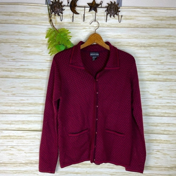 Magaschoni Sweaters - Magaschoni Red Wool Blend Loop Button Front Collared Cardigan